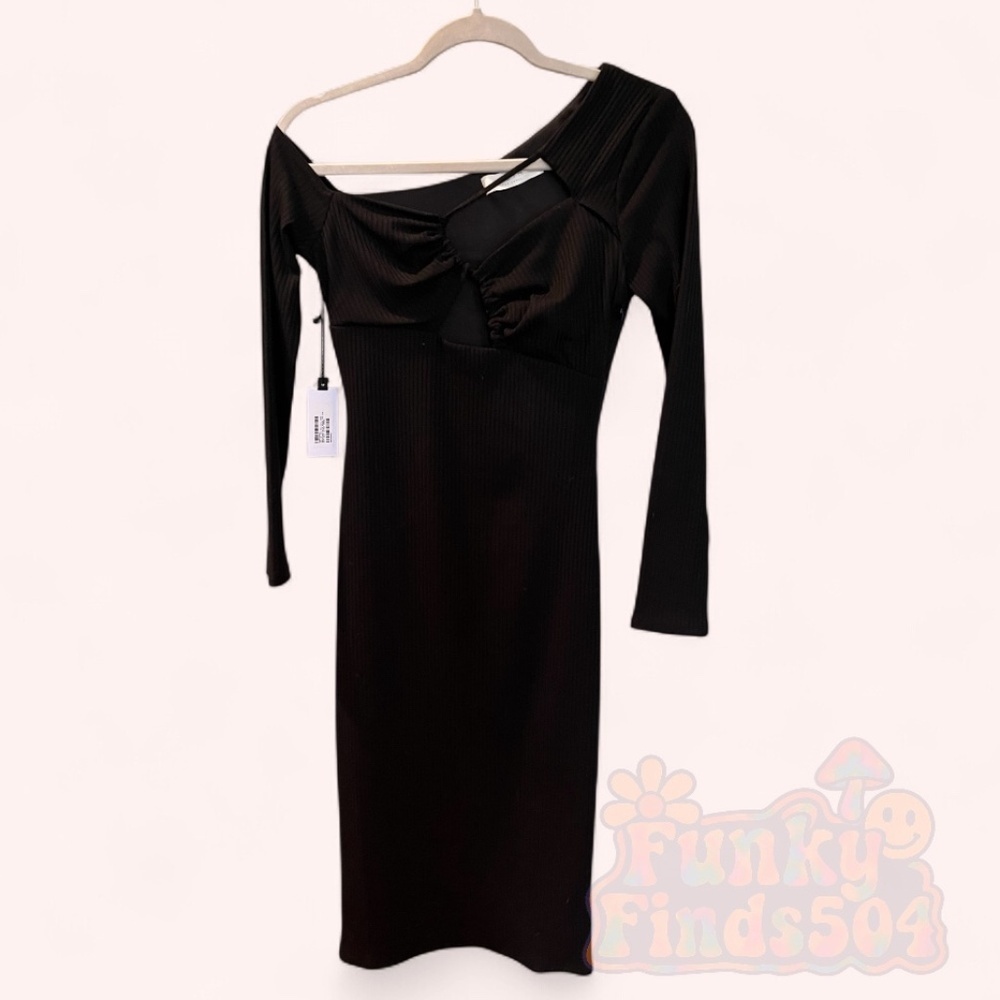 ASTR the Label Black Ribbed Cutout Bust Bodycon Midi Dress NWT Size S Chic Sexy